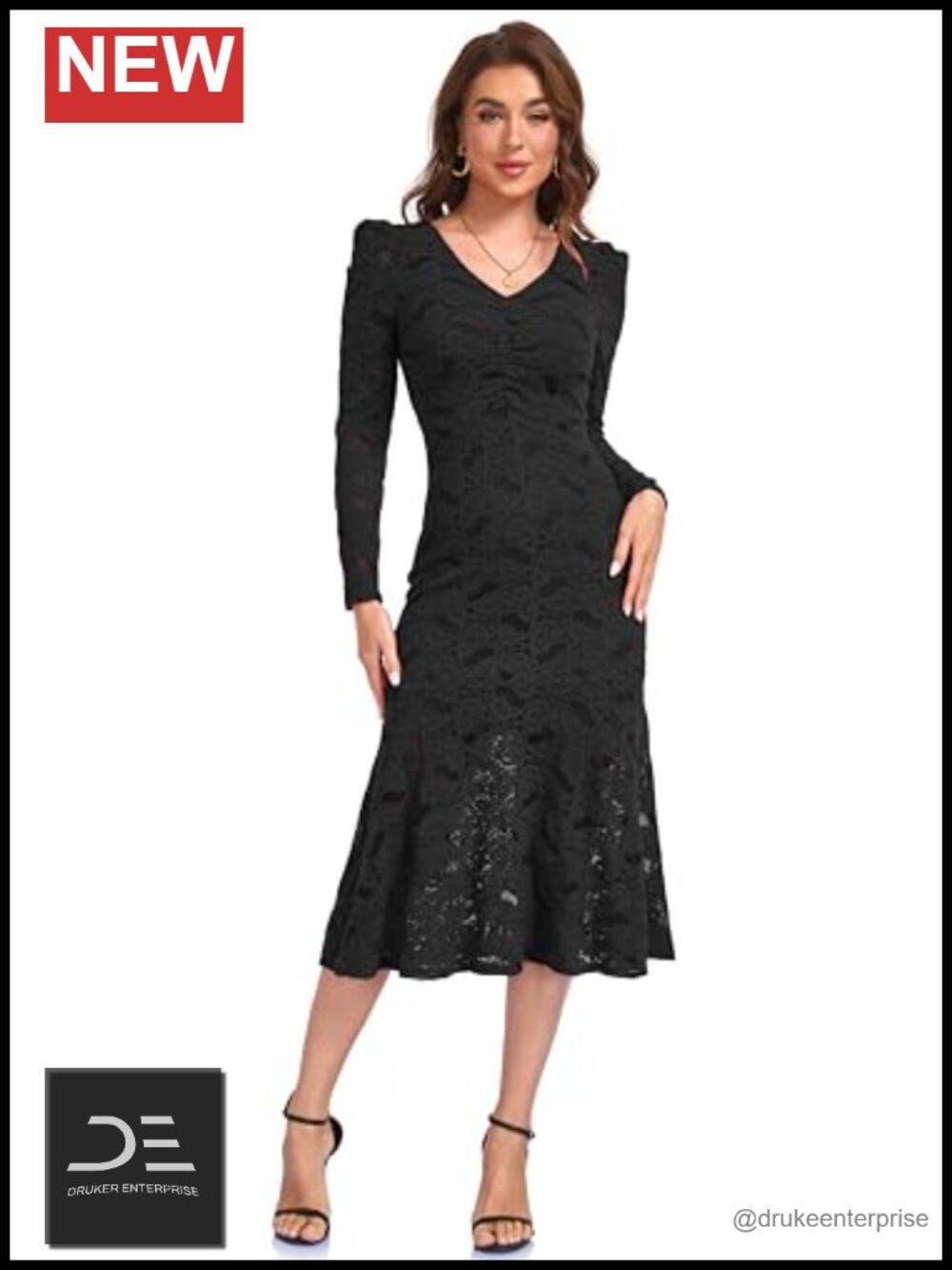 Women's Long Sleeve Mermaid V Neck Ruffle Lace Formal Dress